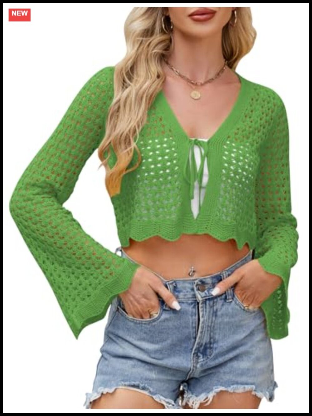 Crochet Tie Front Cardigan Cropped Knit Bolero Shrug Bell Sleeve